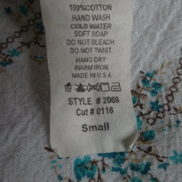 Vintage Floral Cotton Gauze Top White Blue Elastic Ruffle Neckline Short Sleeve - Picture 6 of 6